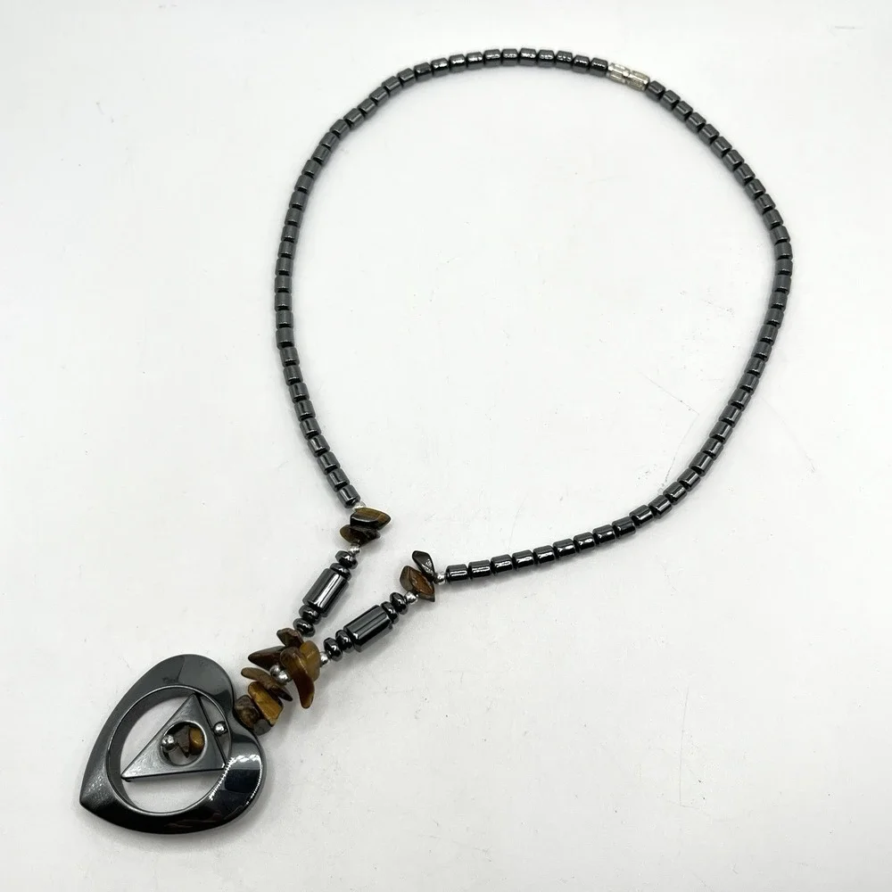 Handmade Hematite & Tiger Eye Mixed Beads Pendant Heart Necklace 16